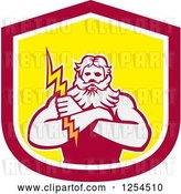 Vector Clip Art of Retro Zeus Holding a Thunder Bolt in a Red and Yellow Shield by Patrimonio