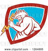 Vector Clip Art of Retro Zeus Holding a Thunder Bolt in a Red White and Blue Shield by Patrimonio