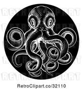 Vector Clip Art of Woodcut Octopus in a Black Circle by AtStockIllustration
