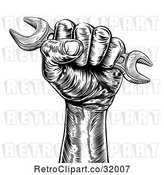 Vector Clip Art of Woodcut or Engraved Fisted Hand Holding up a Spanner Wrench by AtStockIllustration