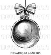 Vector Clip Art of Woodcut or Engraved Suspended Christmas Bauble Ornament with a Bow by AtStockIllustration