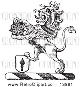 Vector Clipart of a Black and White Lion Crest with a Flower and Shield by Picsburg