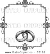 Vector Clipart of a Retro Invitation with Wedding Rings - Black and White by AtStockIllustration