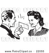 Vector Clipart of a Retro Man Presenting a Coupon to a Woman by BestVector