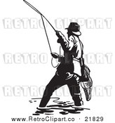 Vector Clipart of a Retro Wading Fisherman Casting a Line by BestVector