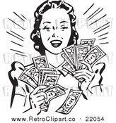 Vector Clipart of a Retro Woman Holding Handfulls of Cash by BestVector