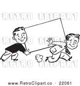 Vector Clipart of Retro Black and White Business Men Carrying a Blank Sign by BestVector