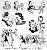 Vector Clipart of Retro Black and White Men and Women Shopping by BestVector