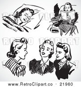 Vector Clipart of Retro Black and White Women Sleeping, Reading and Chatting by BestVector