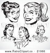 Vector Clipart Retro Black and White Female Faces by BestVector