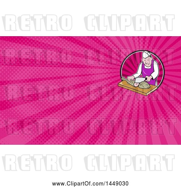 Clip Art of Cartoon Retro Fishmonger Sushi Chef Chopping a Fish and Pink Rays Background or Business Card Design