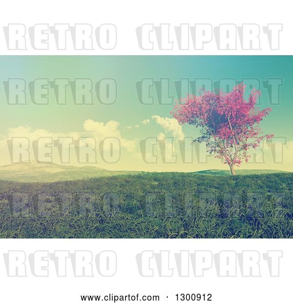 Clip Art of Retro 3d Autumn Maple Tree in a Flat Grassy Green Valley with a Effect