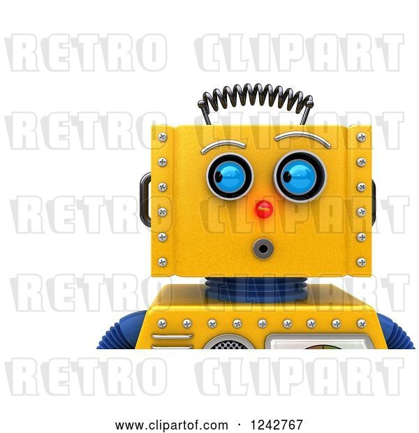 Clip Art of Retro 3d Closeup Face View of a Surprised Yellow Robot Looking to the Side
