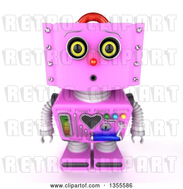 Clip Art of Retro 3d Curious Pink Female Robot Looking up