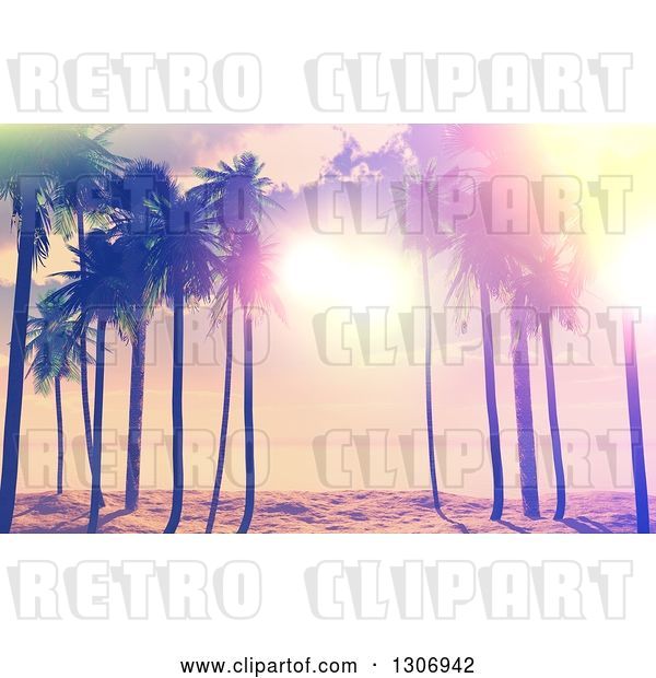 Clip Art of Retro 3d Designed Sunset Sky and Sunshine Through Palm Trees on a Tropical Beach