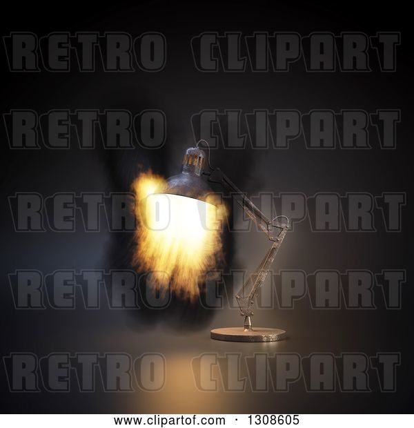 Clip Art of Retro 3d Desk Lamp Shining Fire, on Black
