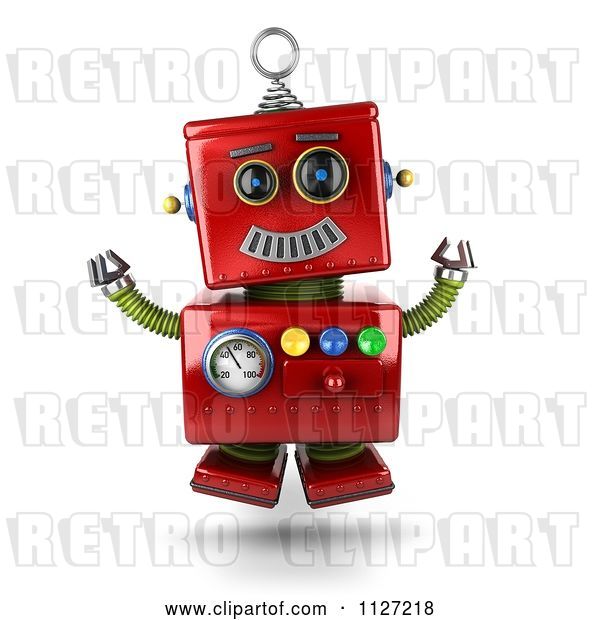 Clip Art of Retro 3d Excited Happy Jumping Red Metal Robot