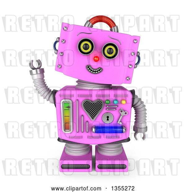Clip Art of Retro 3d Friendly Pink Female Robot Tilting Her Head and Waving