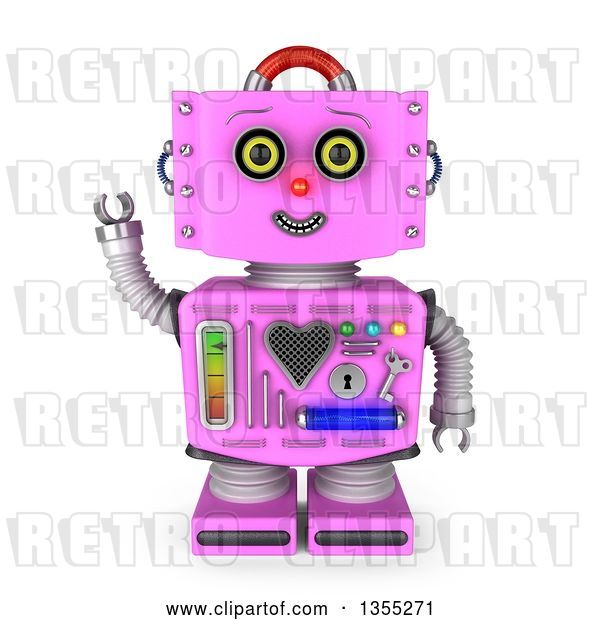 Clip Art of Retro 3d Friendly Pink Female Robot Waving