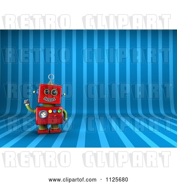Clip Art of Retro 3d Friendly Red Robot Waving over Blue Stripes
