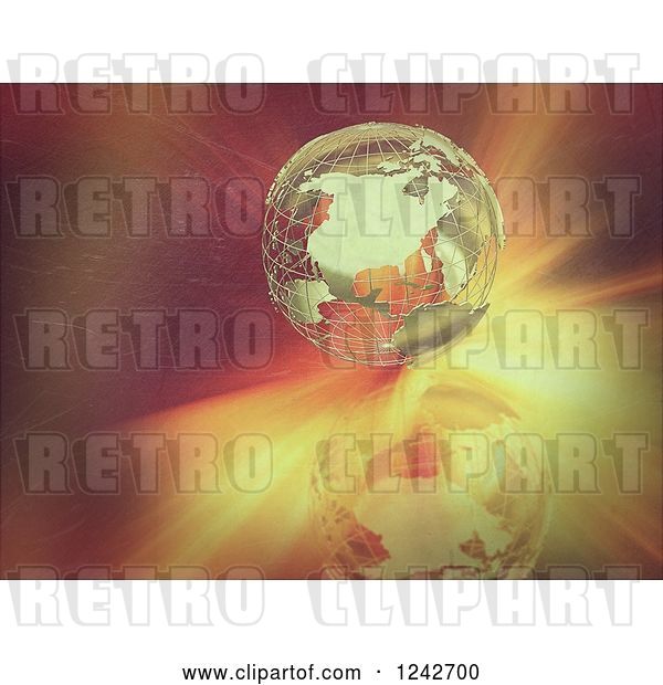 Clip Art of Retro 3d Golden Wire Earth Globe over Flares of Light