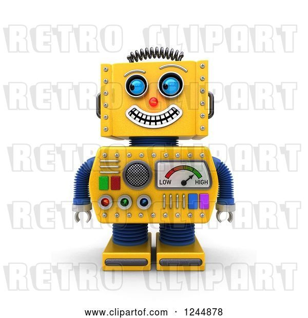 Clip Art of Retro 3d Grinning Yellow Robot Glancing to the Left