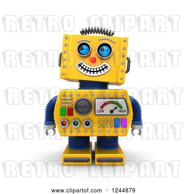 Clip Art of Retro 3d Grinning Yellow Robot Looking up