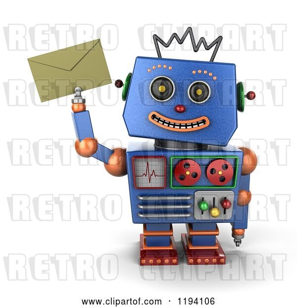 Clip Art of Retro 3d Happy Blue Robot Holding up an Envelope