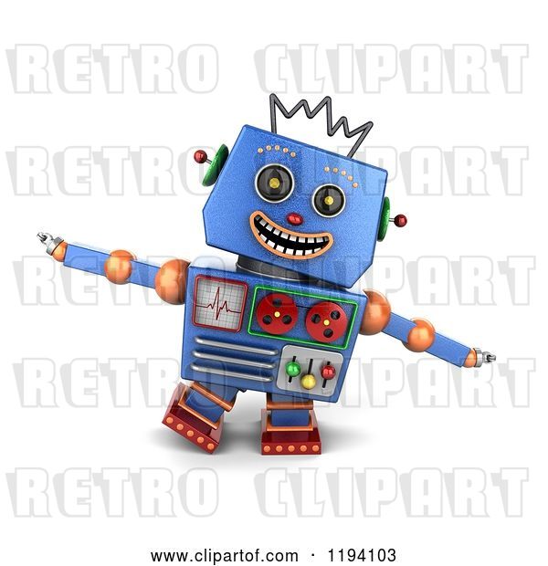 Clip Art of Retro 3d Happy Blue Robot Pretending to Be an Airplane