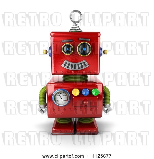 Clip Art of Retro 3d Happy Red Robot Smiling