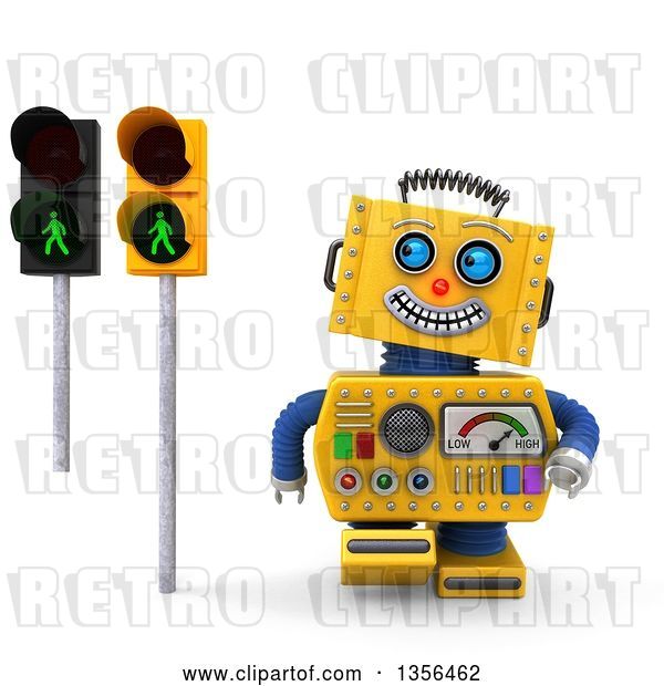 Clip Art of Retro 3d Happy Yellow Robot Glancing at Green Pedestrian Traffic Lights, on a White Background