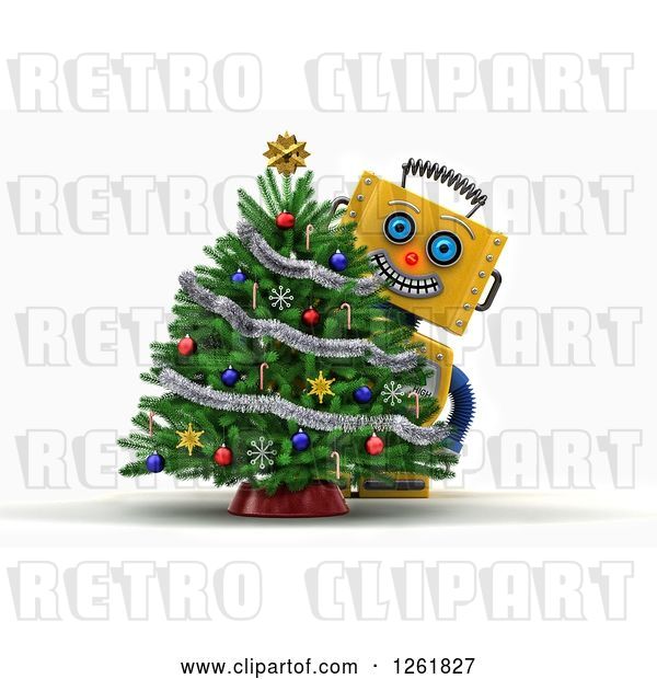 Clip Art of Retro 3d Happy Yellow Robot Smiling Around a Christmas Tree, over White