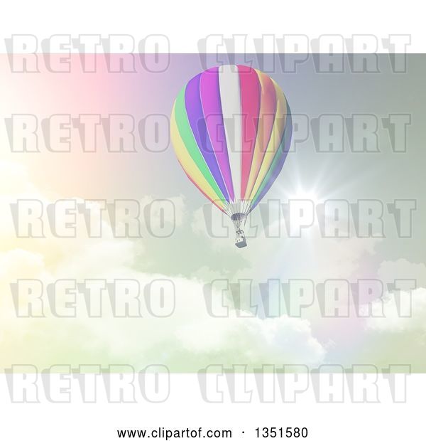 Clip Art of Retro 3d Hot Air Balloon Against a Cloudy Sky and Sunburst in Tones