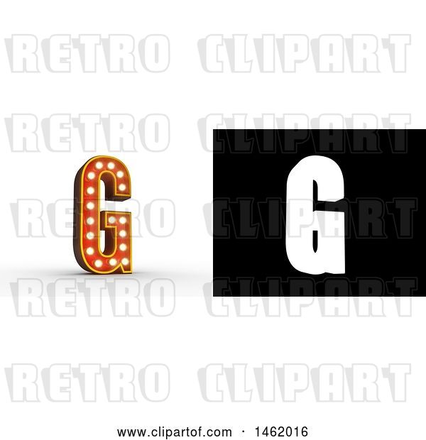 Clip Art of Retro 3d Illuminated Theater Styled Letter G, with Alpha Map for Isolation