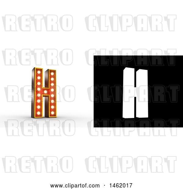 Clip Art of Retro 3d Illuminated Theater Styled Letter H, with Alpha Map for Isolation