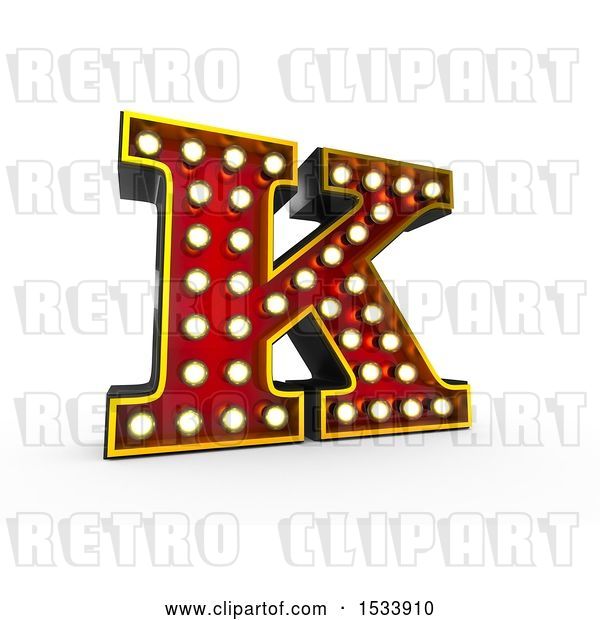 Clip Art of Retro 3d Illuminated Theater Styled Letter K, on a White Background