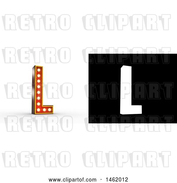Clip Art of Retro 3d Illuminated Theater Styled Letter L, with Alpha Map for Isolation