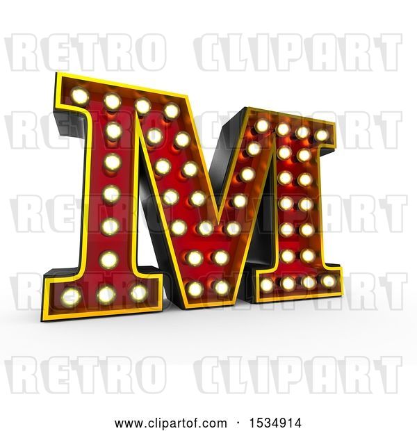 Clip Art of Retro 3d Illuminated Theater Styled Letter M, on a White Background