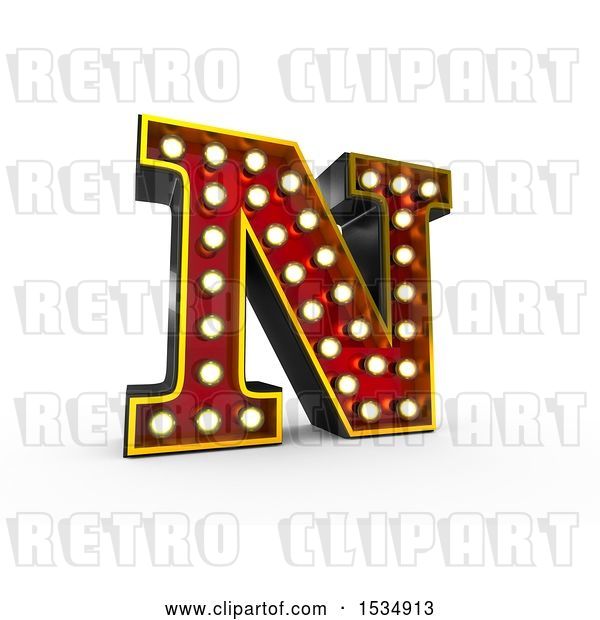 Clip Art of Retro 3d Illuminated Theater Styled Letter N, on a White Background