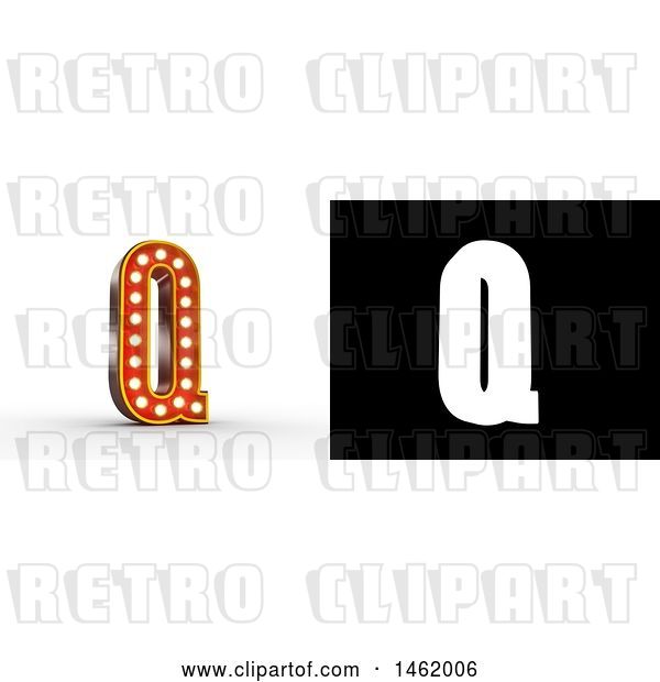 Clip Art of Retro 3d Illuminated Theater Styled Letter Q, with Alpha Map for Isolation