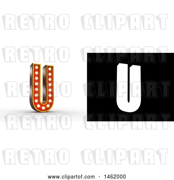 Clip Art of Retro 3d Illuminated Theater Styled Letter U, with Alpha Map for Isolation