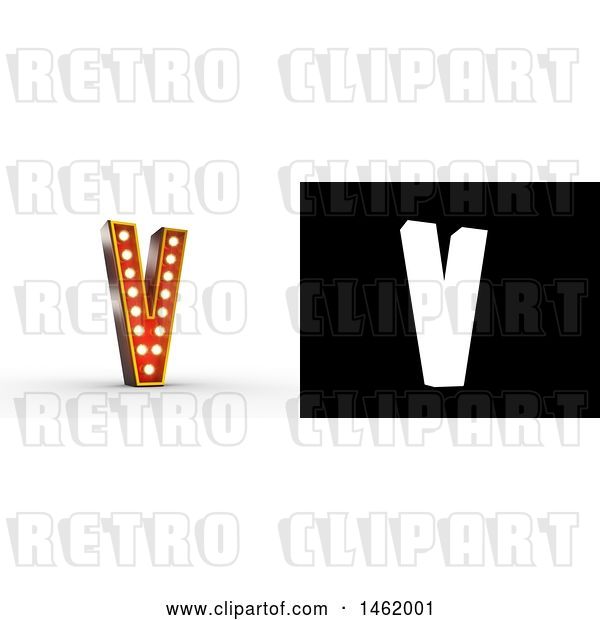 Clip Art of Retro 3d Illuminated Theater Styled Letter V, with Alpha Map for Isolation