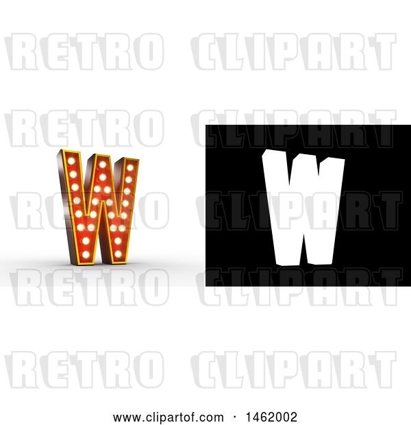 Clip Art of Retro 3d Illuminated Theater Styled Letter W, with Alpha Map for Isolation