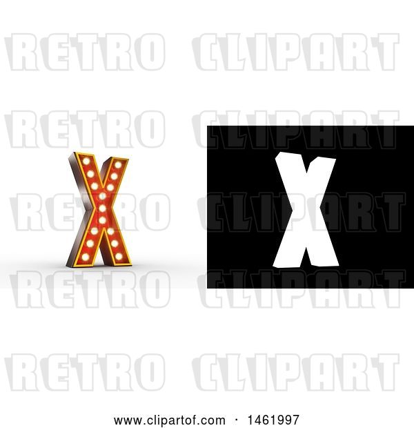 Clip Art of Retro 3d Illuminated Theater Styled Letter X, with Alpha Map for Isolation