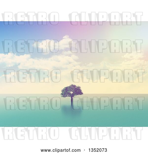 Clip Art of Retro 3d Lone Tree out in the Ocean, with Effect