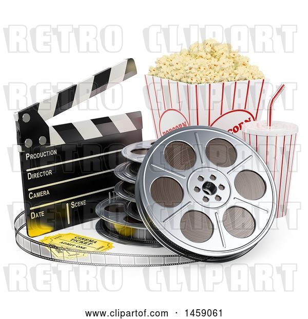 Clip Art of Retro 3d Movie Popcorn Bucket and Soda with Film and a Clapper, on a White Background