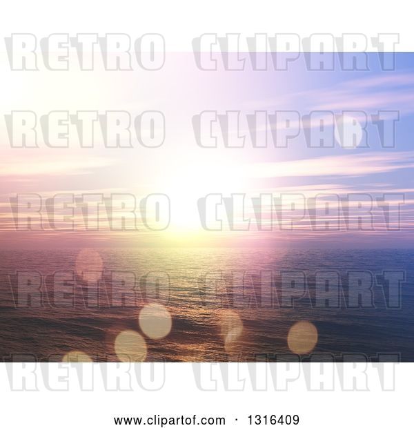 Clip Art of Retro 3d Ocean Sunset Landscape with Purple Skies and Flares