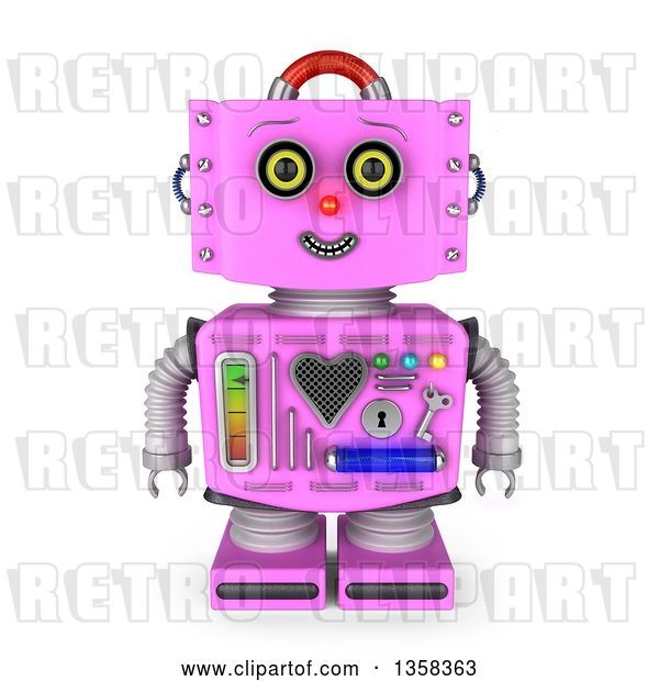 Clip Art of Retro 3d Pink Female Robot Smiling, on a White Background