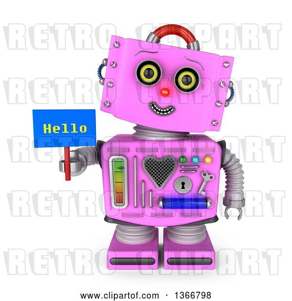 Clip Art of Retro 3d Pink Female Robot Smiling, Tilting Her Head to the Side and Holding a Hello Sign, on a White Background