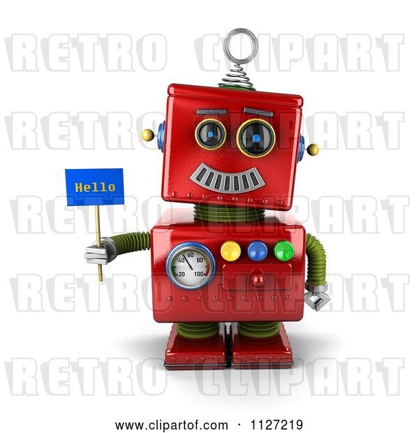 Clip Art of Retro 3d Red Metal Robot Holding a Hello Sign